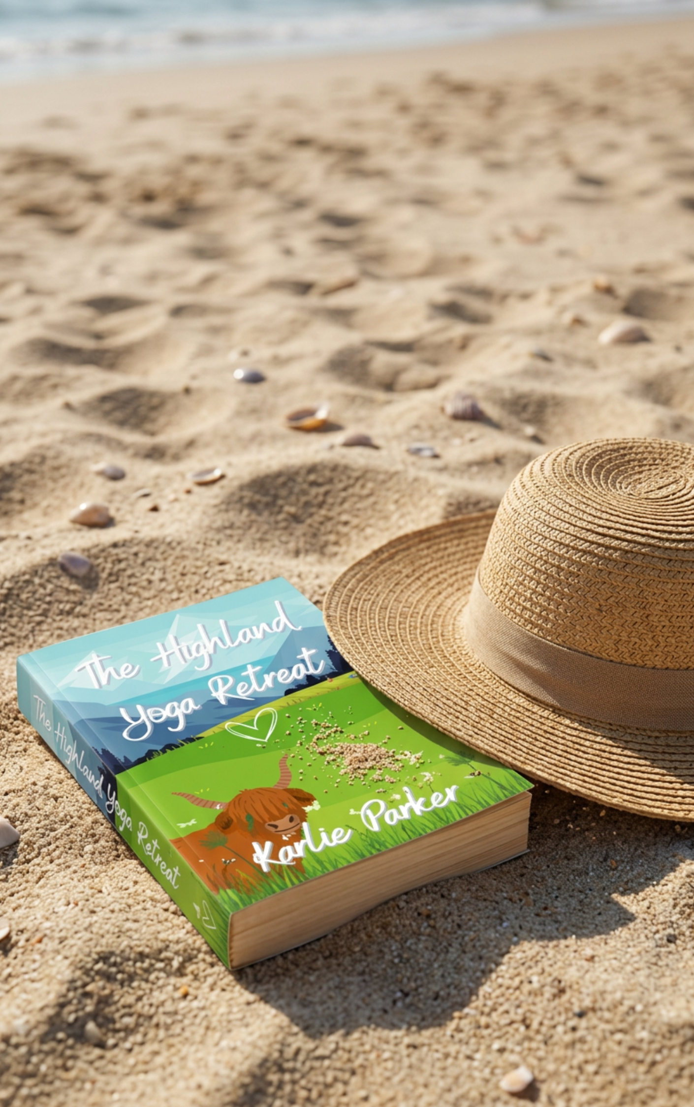 The Highland Yoga Retreat Book on a sandy beach with a sun hat